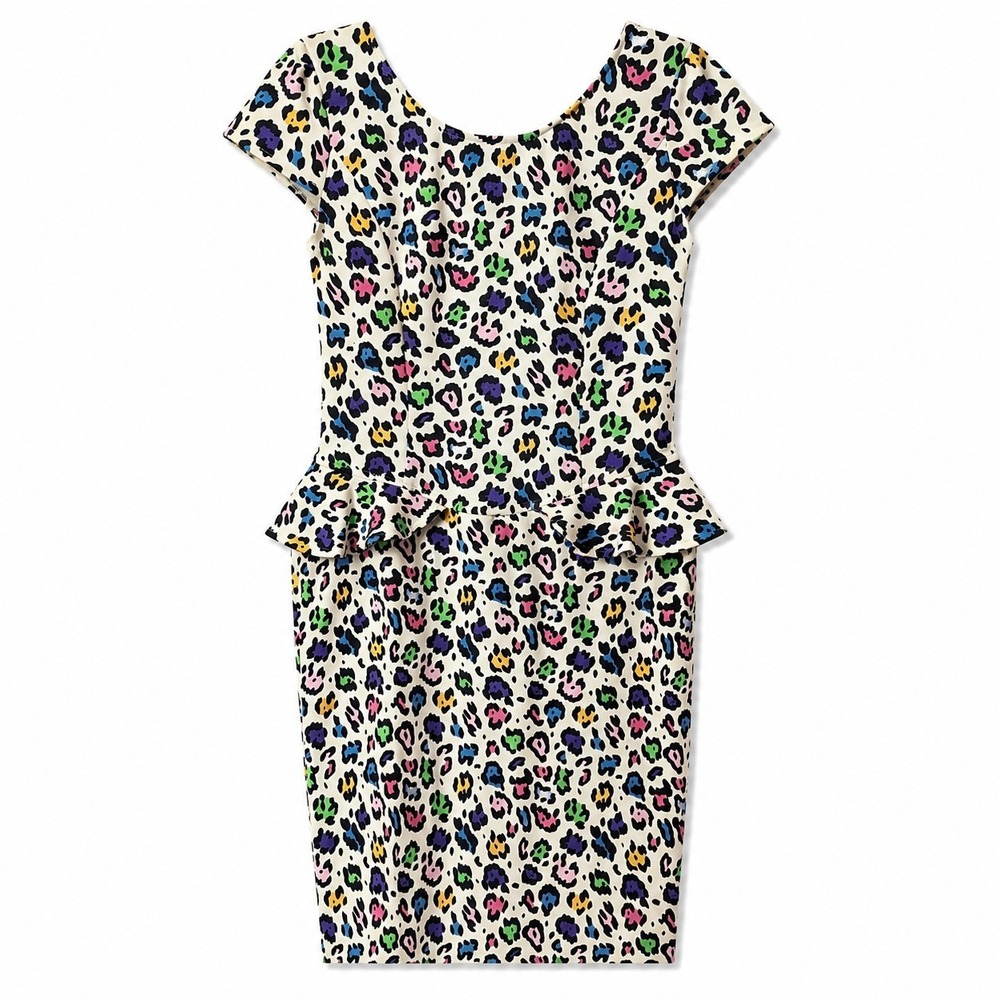 BETSEY JOHNSON "Cat Call" Peplum Dress Sz 10 Here Kitty Kitty Multi Animal Print